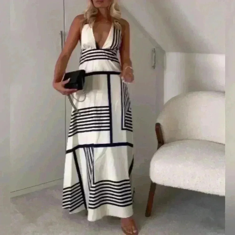 Zara White Maxi Dress with Black Geometric Stripes